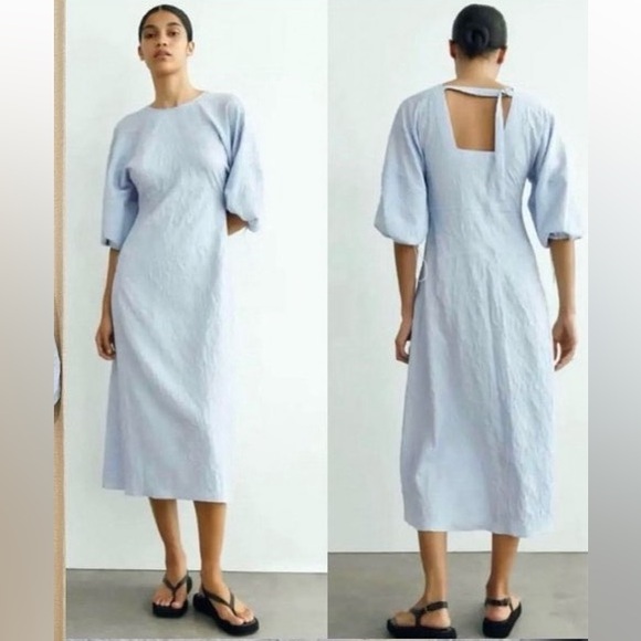 ZARA Textured Midi Dress in Baby Blur - Picture 1 of 8